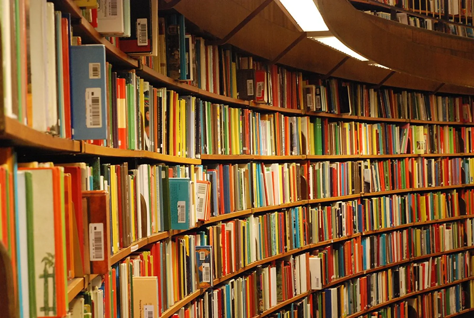 Estantes curvas repletas de livros coloridos